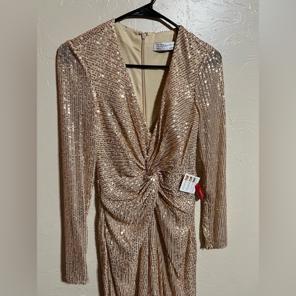IEENA For Mac Duggal Rose Gold Sequin Knotted Long Sleeve Midi High Low Dress 0 - Picture 7 of 15